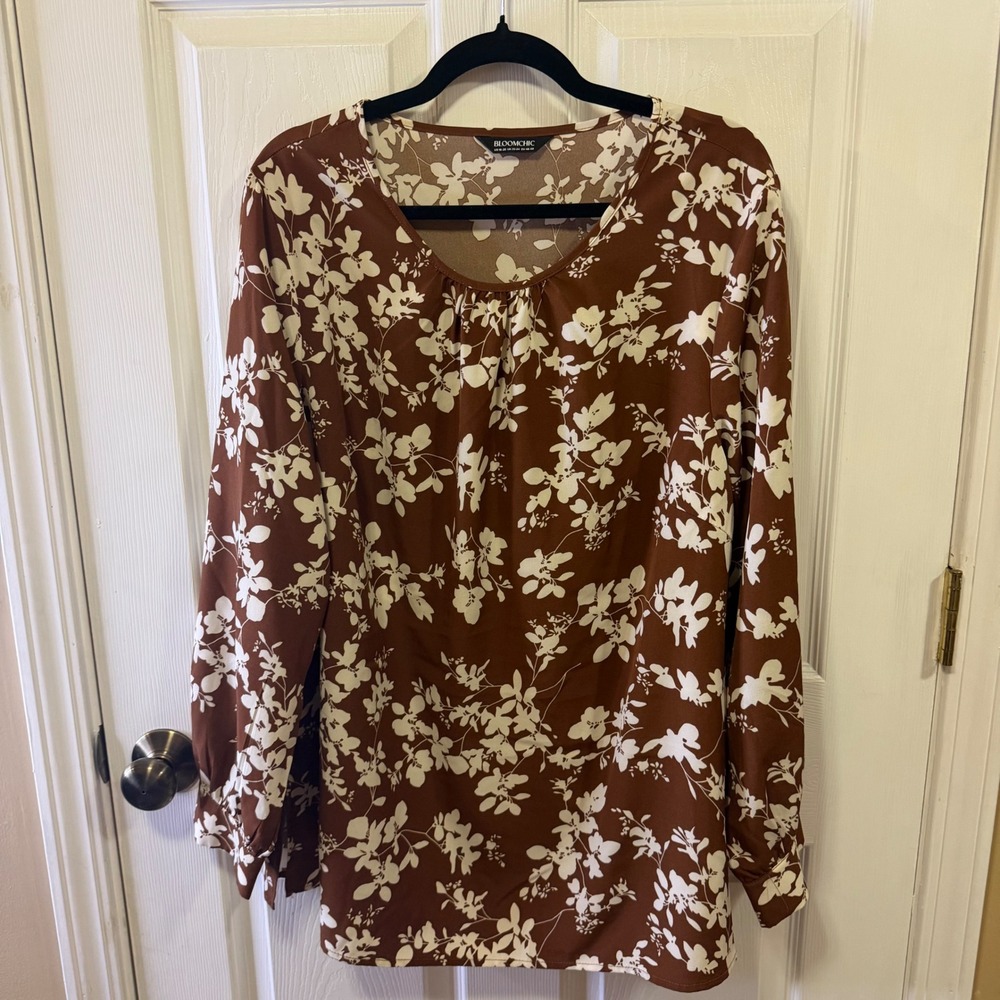 BloomChic Brown White Floral Scoop Neck Long Sleeve Blouse Plus Size 18-20